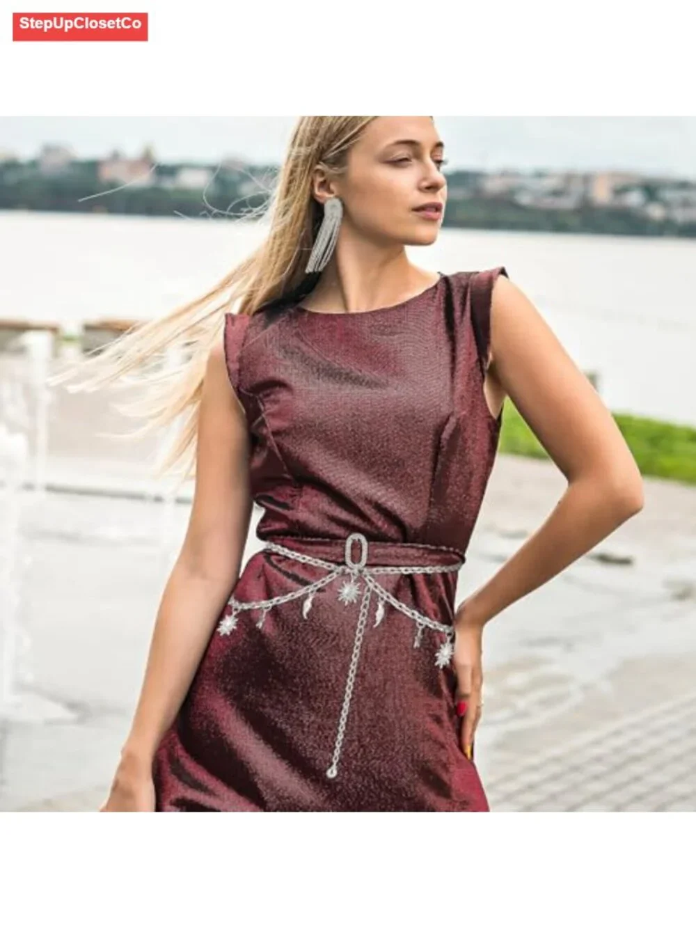Double Layer Metal Chain Belt with Moon Star Pendant Waist Chain for Women